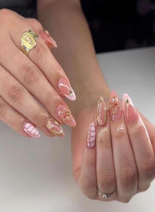 CJDLTS Flower 3D Pink Press on Nails Medium Almond Shaped French Tip False Nails Gold Lines Crocodile Pattern Design Full Cover Artificial Acrylic Nail Reusable Glue on Nails for Women 24Pcs - Image 1